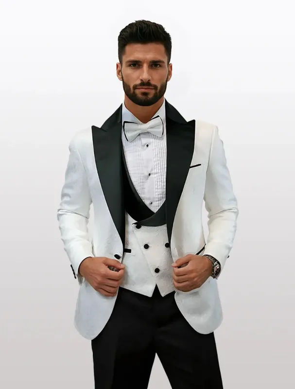 Statement Men's White with Black Peak Lapels Vested Tuxedos with Bow Tie sold by Alberto Nardoni