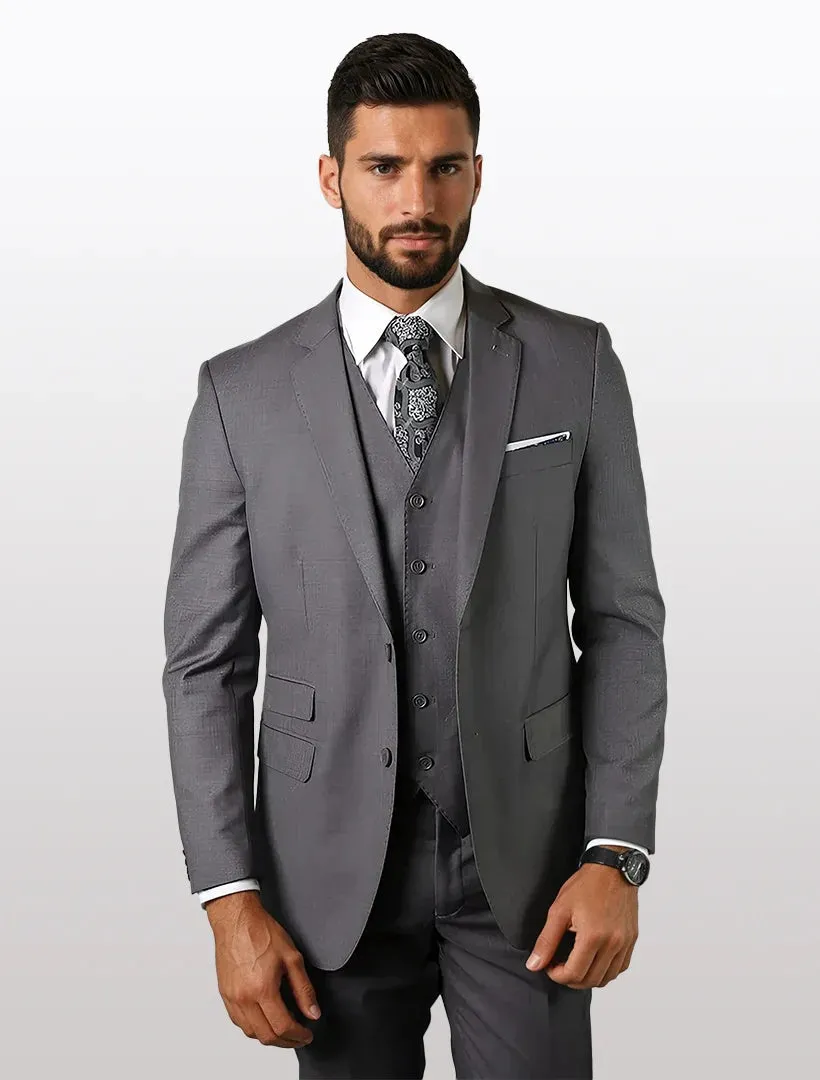 Statement Men's Solid Grey Tailored Fit 100% Wool Vested Suits sold by Alberto Nardoni