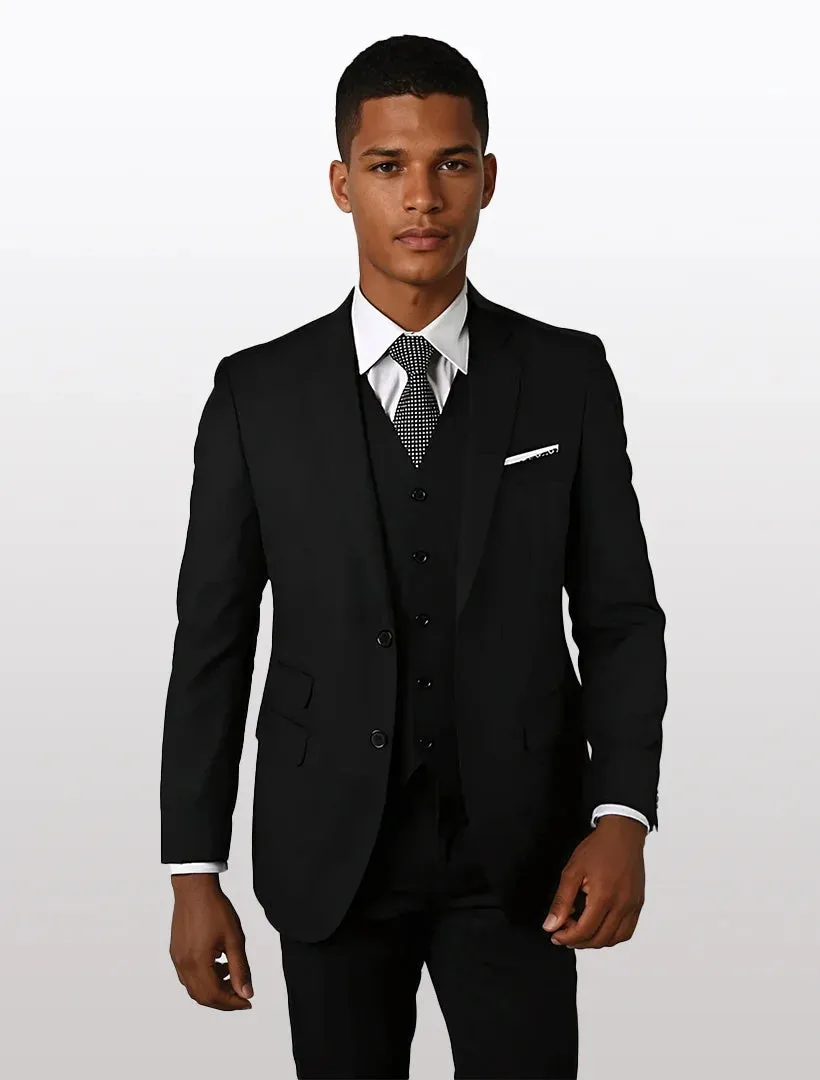 Statement Men's Solid Black Tailored Fit 100% Wool Vested Suits sold by Alberto Nardoni