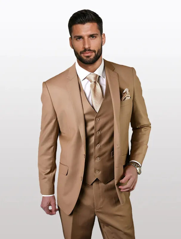 Statement Men's Solid Caramel Modern Fit 100% Wool Vested Suits sold by Alberto Nardoni