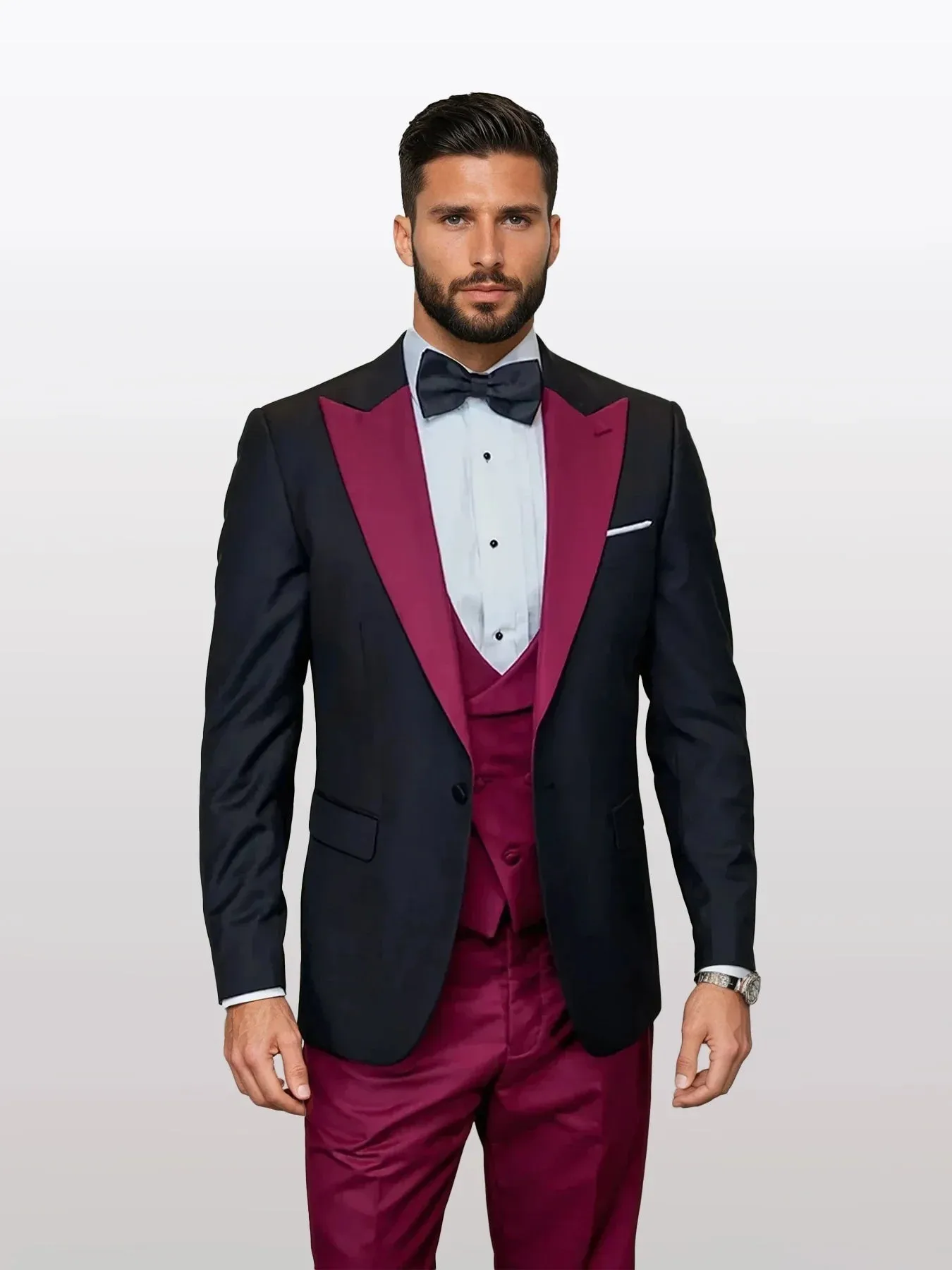 Statement Men's Black Vested with Burgundy Peak Lapel 100% Wool Tuxedos sold by Alberto Nardoni