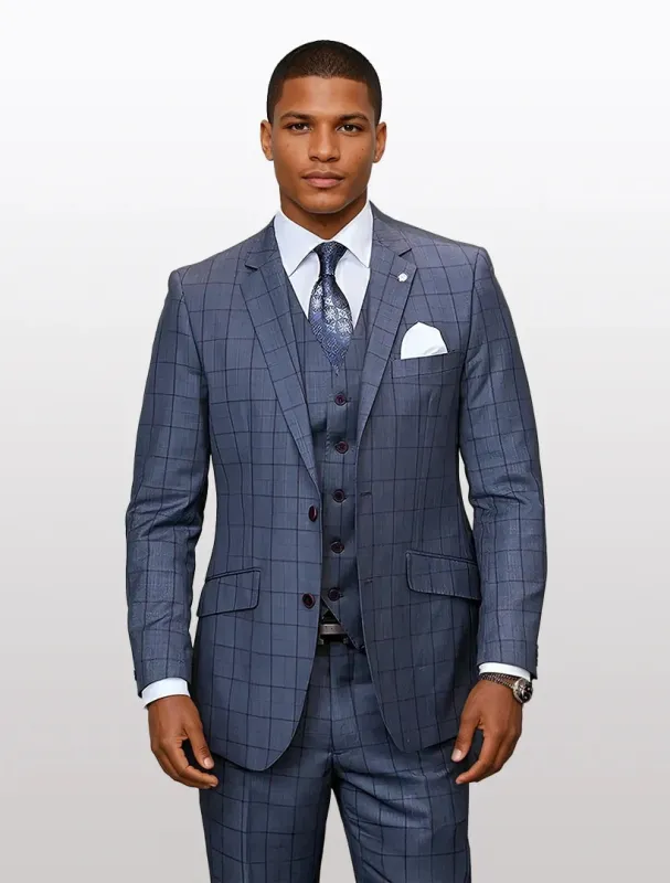 Statement Men's Charcoal and Burgundy Windowpane 100% Wool Vested Suits sold by Alberto Nardoni