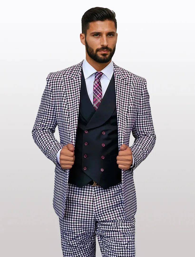 Statement Men's White and Burgundy Houndstooth 100% Wool Vested Suits sold by Alberto Nardoni