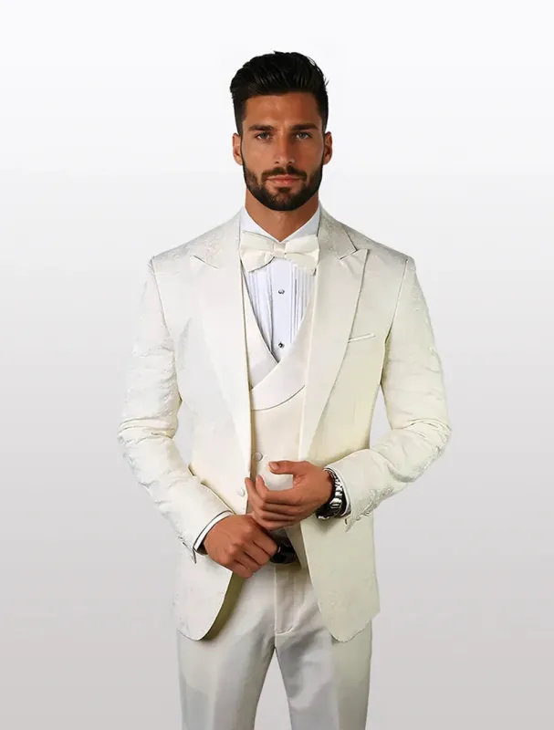 Statement Men's Off White Patterned Vested Tuxedos with Bowtie sold by Alberto Nardoni