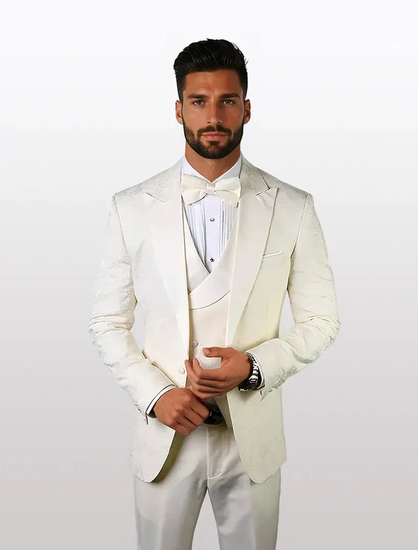 Statement Men's Off White Patterned Vested Tuxedos with Bowtie sold by Alberto Nardoni