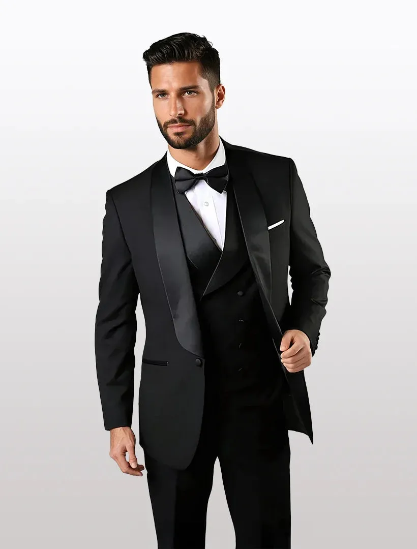 Statement Men's Black Shawl Tuxedos with Double Breasted Vest sold by Alberto Nardoni