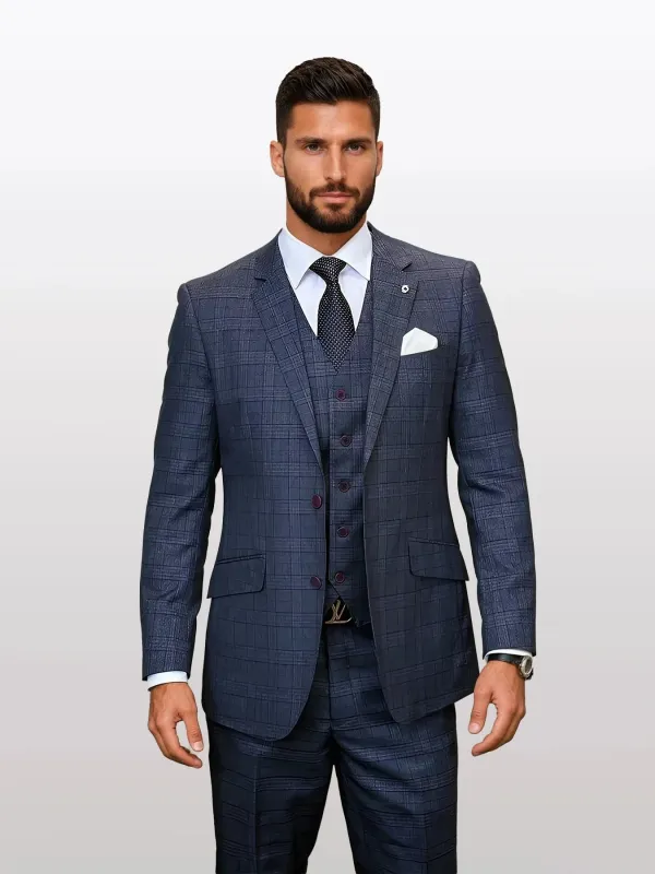 Statement Men's Charcoal Windowpane Plaid Modern Fit 100% Wool Vested Suit sold by Alberto Nardoni