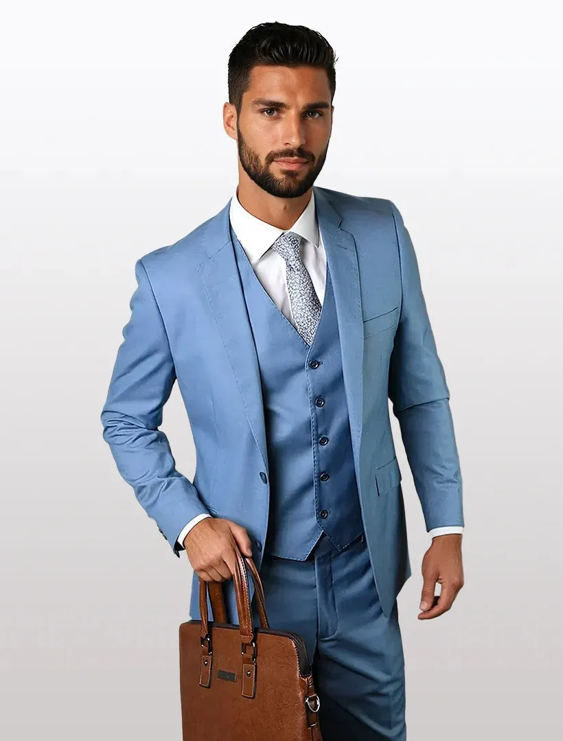 Statement Men's Solid Steel Blue Modern Fit 100% Wool Vested Suit sold by Alberto Nardoni