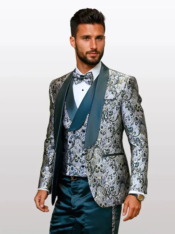 Statement Men's Hunter Green Patterned Vested Tuxedos with Bowtie sold by Alberto Nardoni