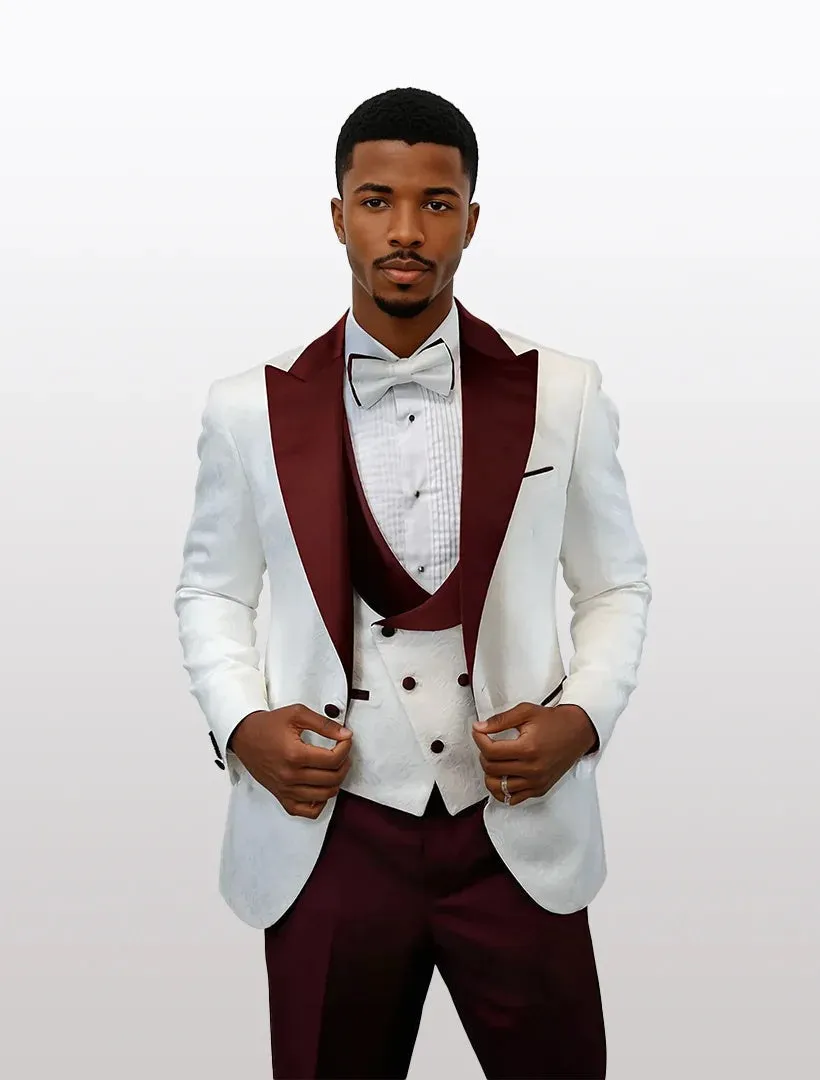Statement Men's White with Burgundy Peak Lapels Vested Tuxedos with Bow Tie sold by Alberto Nardoni