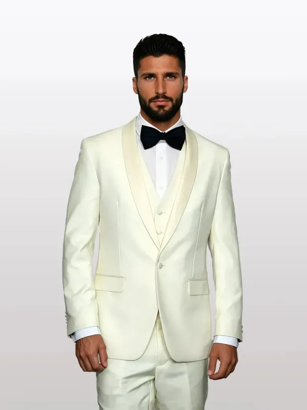 Statement Men's Off-White with White Lapel Vested 100% Wool Tuxedos sold by Alberto Nardoni
