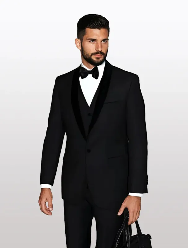 Statement Men's Black with Black Lapel Vested 100% Wool Velvet Tuxedos sold by Alberto Nardoni