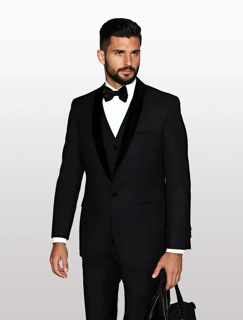 Statement Men's Black with Black Lapel Vested 100% Wool Velvet Tuxedos sold by Alberto Nardoni