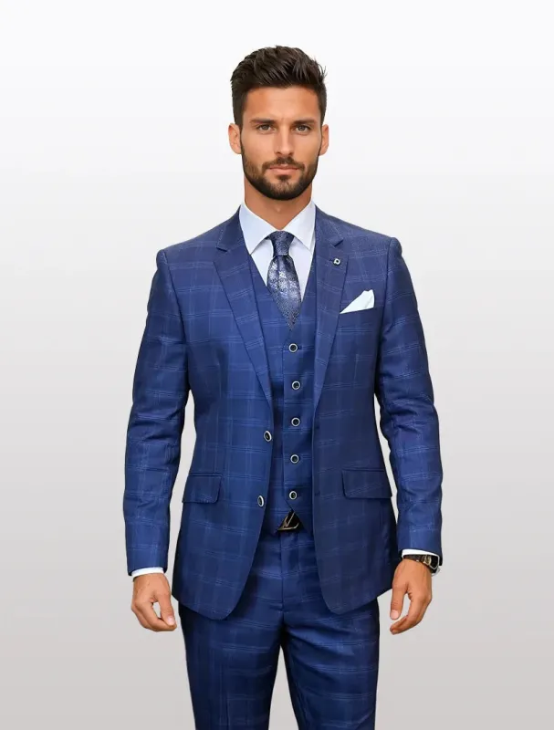 Statement Men's Indigo Plaid Modern Fit 100% Wool Vested Suits sold by Alberto Nardoni