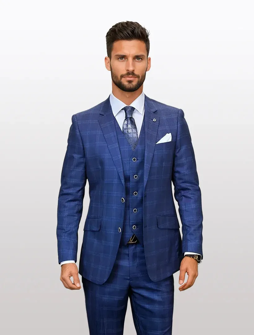 Statement Men's Indigo Plaid Modern Fit 100% Wool Vested Suits sold by Alberto Nardoni