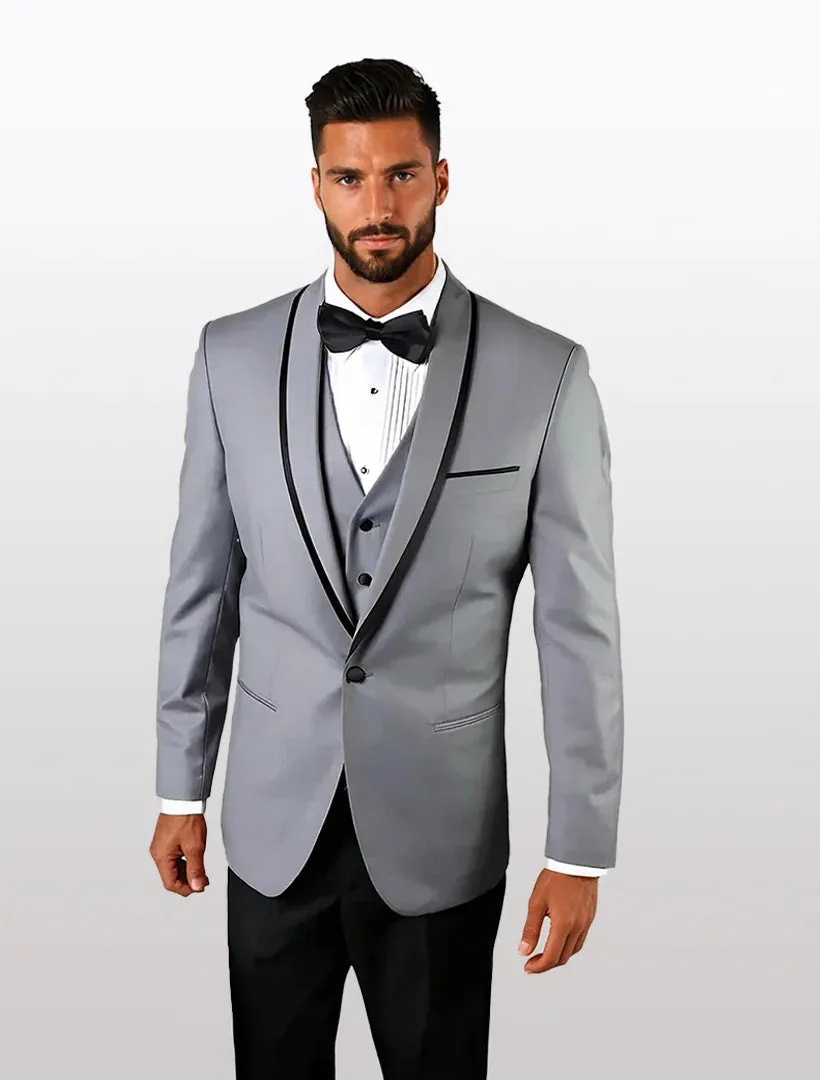 Statement Men's Grey with Black Lapel Vested 100% Wool Tuxedos sold by Alberto Nardoni