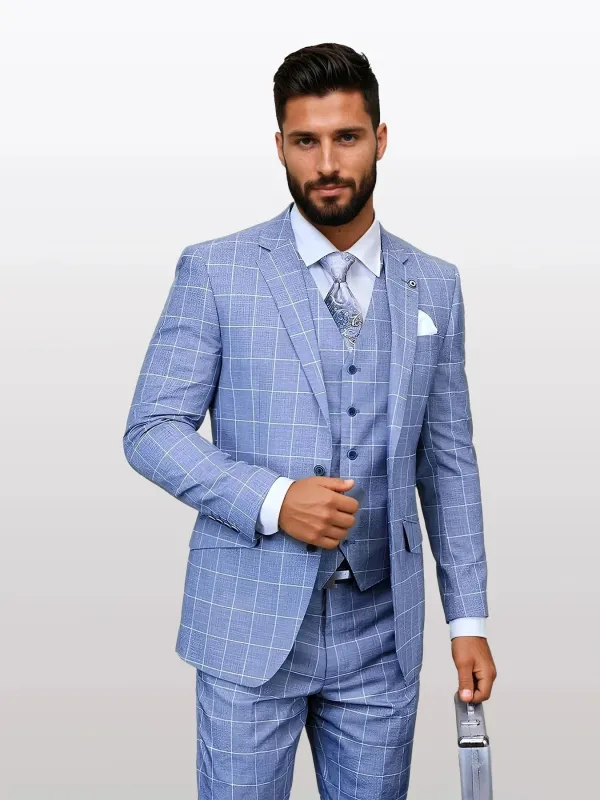 Statement Men's Steel Blue Windowpane Modern Fit Vested Suits sold by Alberto Nardoni