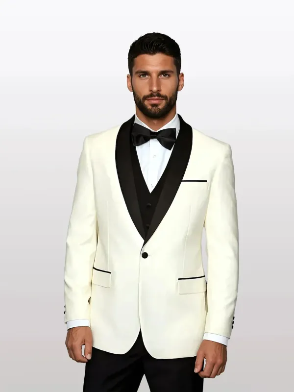 Statement Men's Ivory with Black Lapel Vested 100% Wool Tuxedos sold by Alberto Nardoni