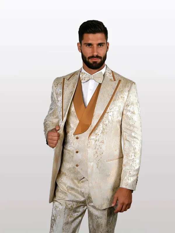Statement Men's Gold Jacquard Vested Tuxedos with Pleated Pants sold by Alberto Nardoni