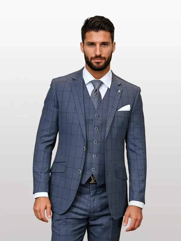 Statement Men's Charcoal Windowpane Modern Fit Vested Suits sold by Alberto Nardoni