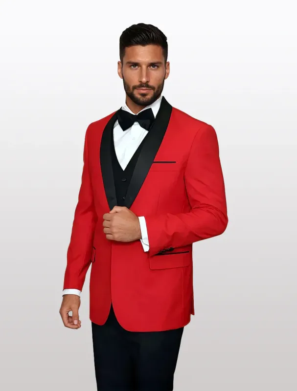 Statement Men's Red with Black Lapel Vested 100% Wool Tuxedos sold by Alberto Nardoni