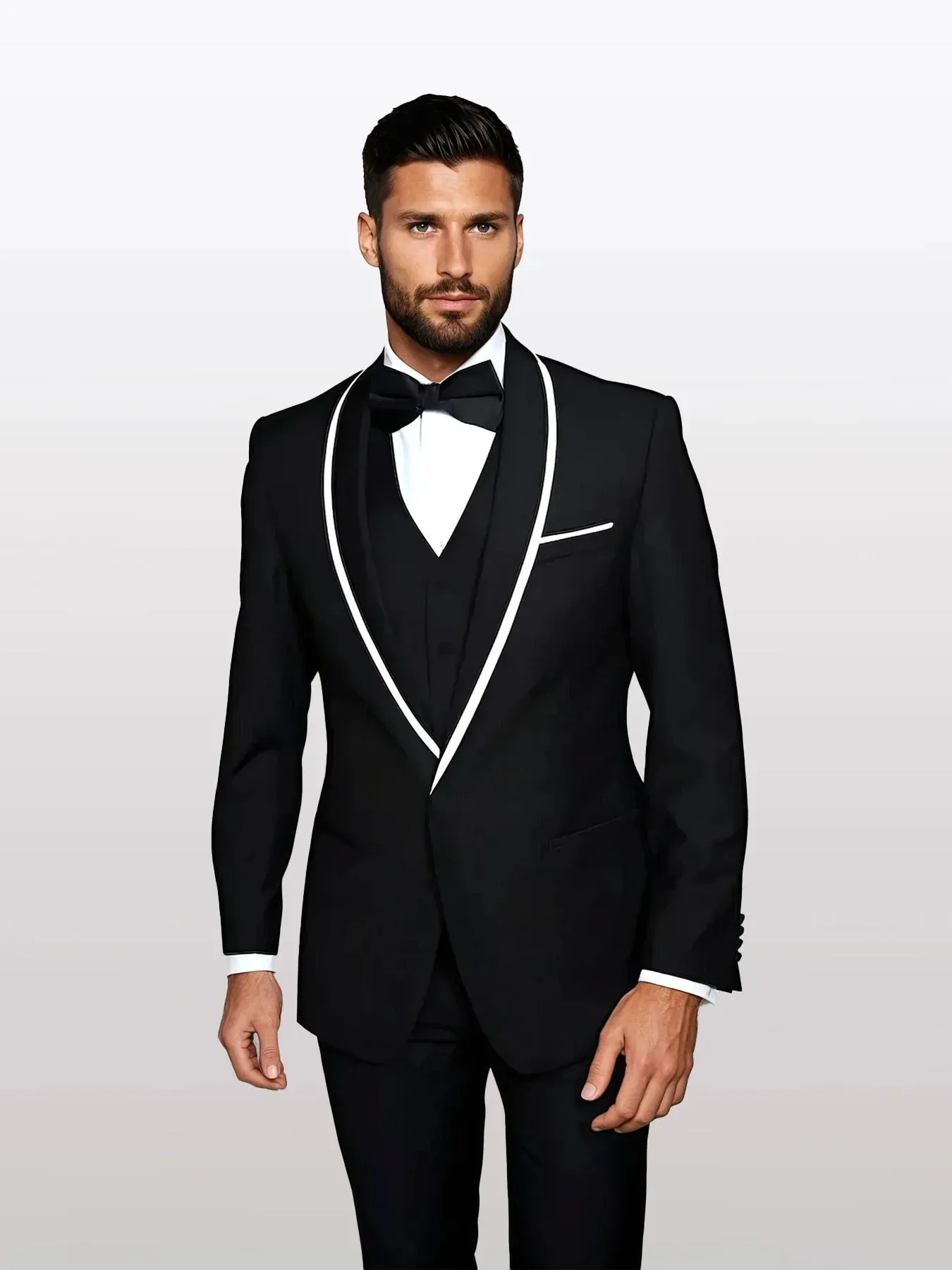 Statement Men's Black with White Lapel Vested 100% Wool Tuxedos sold by Alberto Nardoni