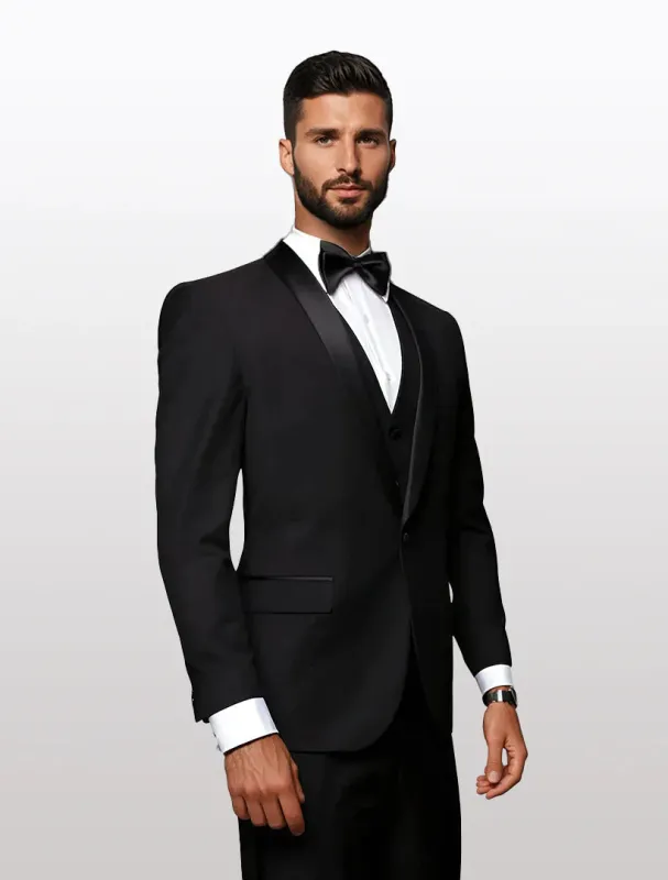 Statement Men's Black with Black Lapel Vested 100% Wool Tuxedos sold by Alberto Nardoni