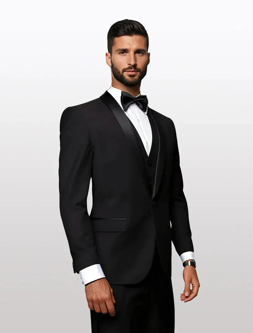 Statement Men's Black with Black Lapel Vested 100% Wool Tuxedos sold by Alberto Nardoni