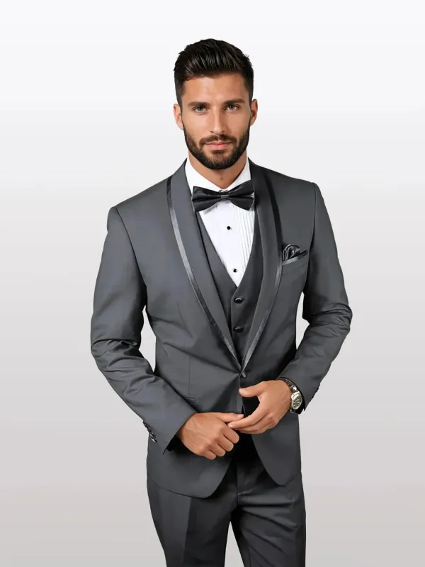 Statement Men's Charcoal Vested with Shawl Lapel Tuxedos and Bowtie sold by Alberto Nardoni