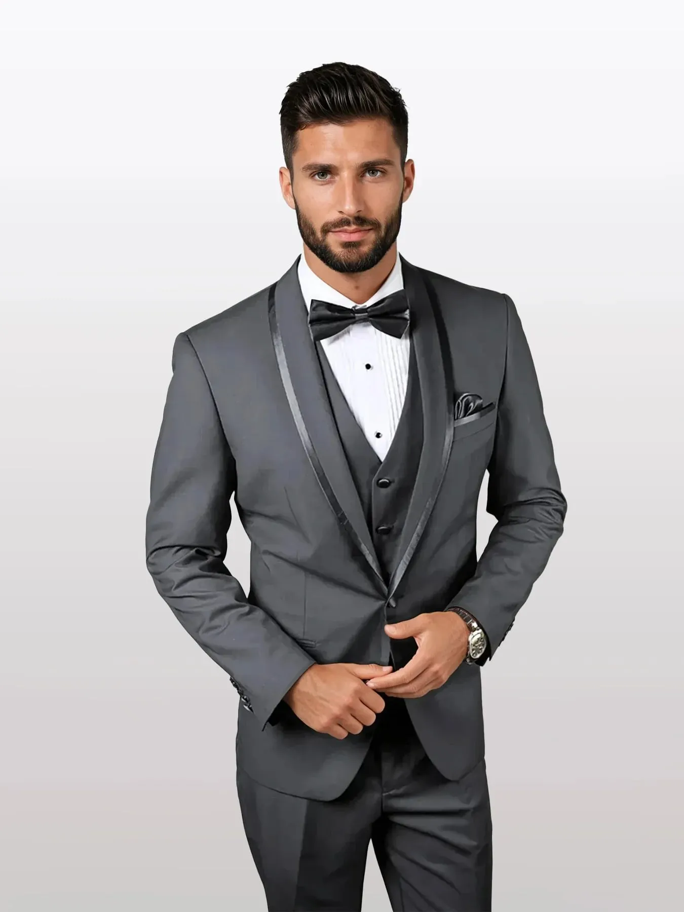 Statement Men's Charcoal Vested with Shawl Lapel Tuxedos and Bowtie sold by Alberto Nardoni