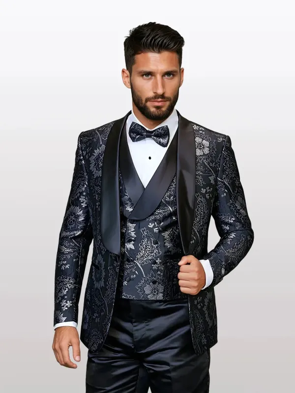 Statement Men's Black Floral Patterned Vested Tuxedos with Bowtie sold by Alberto Nardoni