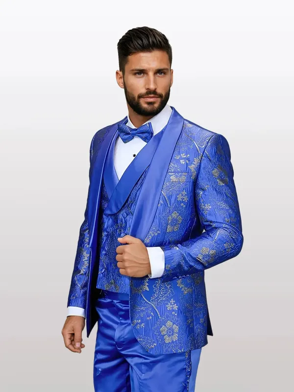 Statement Men's Royal Blue Patterned Vested Tuxedos with Bowtie sold by Alberto Nardoni