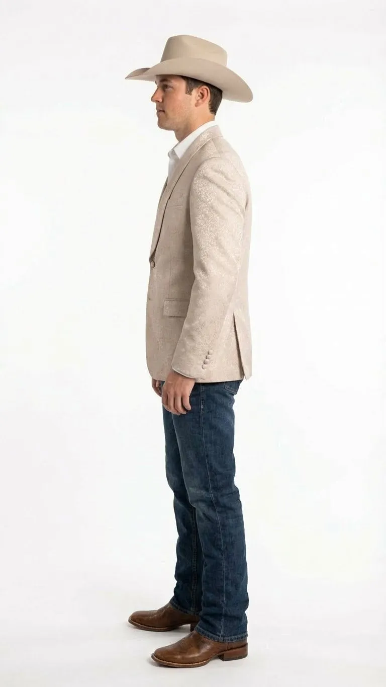 Mens Tan Khaki Beige Cream Champaign Paisley Western Blazer Jacket, Embossed Dress Sport Coat for Wedding Party Rodeo Style sold by Alberto Nardoni product image thumbnail 4