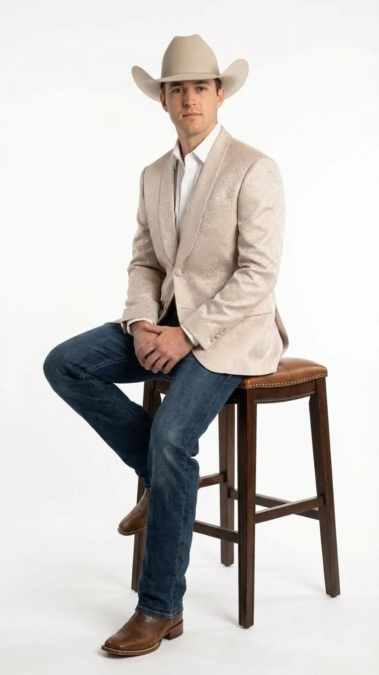 Mens Tan Khaki Beige Cream Champaign Paisley Western Blazer Jacket, Embossed Dress Sport Coat for Wedding Party Rodeo Style sold by Alberto Nardoni product image thumbnail 2