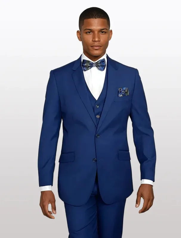 Statement Men's Solid Sapphire Blue Modern Fit 100% Wool Vested Suits sold by Alberto Nardoni