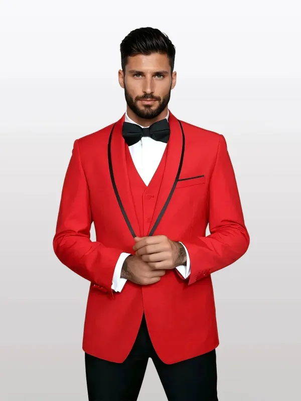Statement Men's Red Vested with Black Trim Fine Lapel 100% Wool Tuxedos sold by Alberto Nardoni