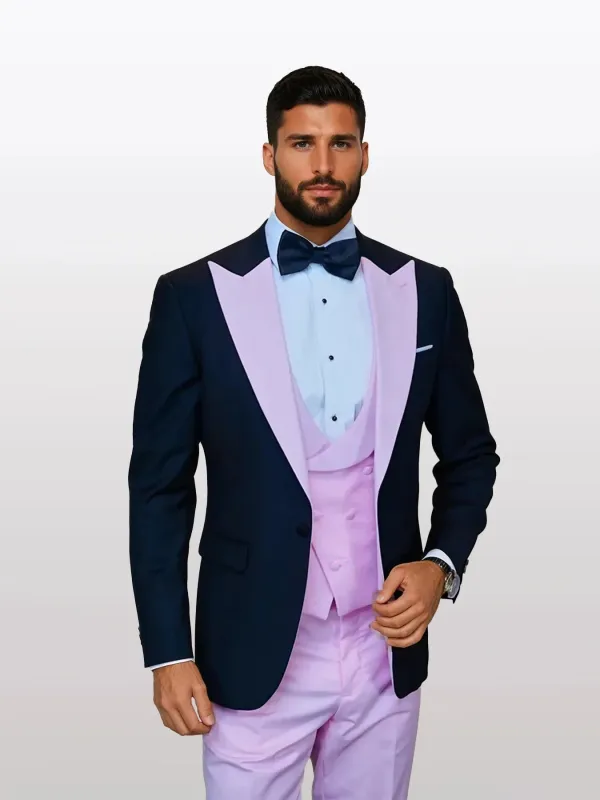 Statement Men's Black Vested with Pink Peak Lapel 100% Wool Tuxedos sold by Alberto Nardoni