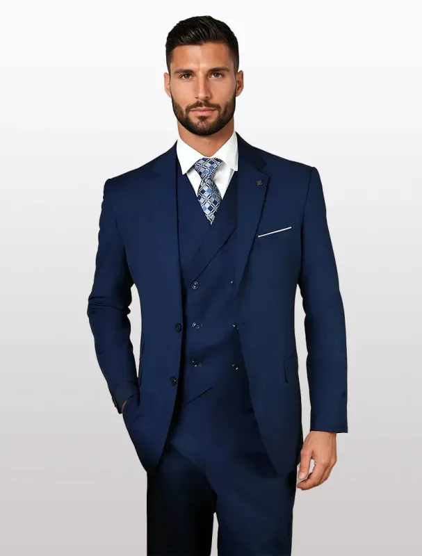 Statement Mens Sapphire Blue Modern Fit 100% Wool Vested Suits sold by Alberto Nardoni