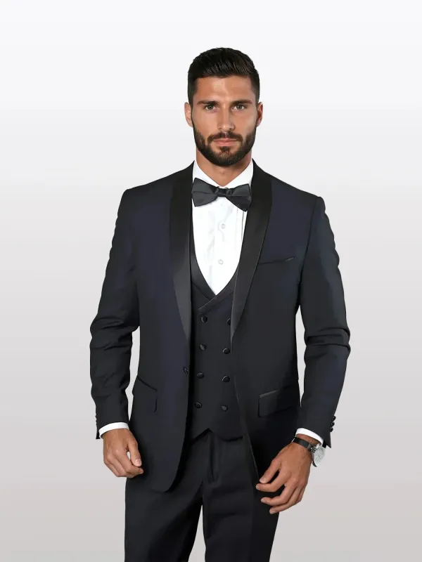 Statement Men's Navy Shawl Lapel 100% Wool Vested Tuxedos sold by Alberto Nardoni