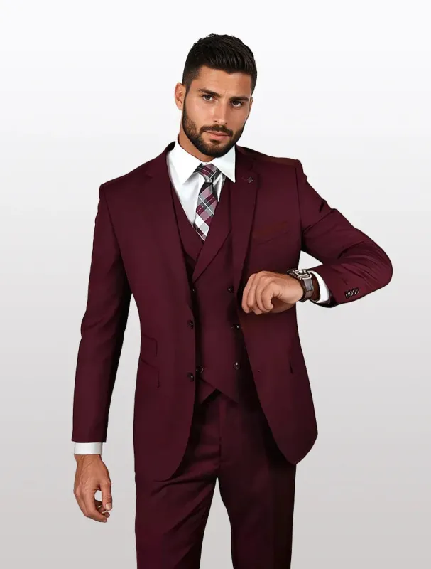 Statement Men's Solid Burgundy with Double-Breasted Vest 100% Wool Vested Suits sold by Alberto Nardoni