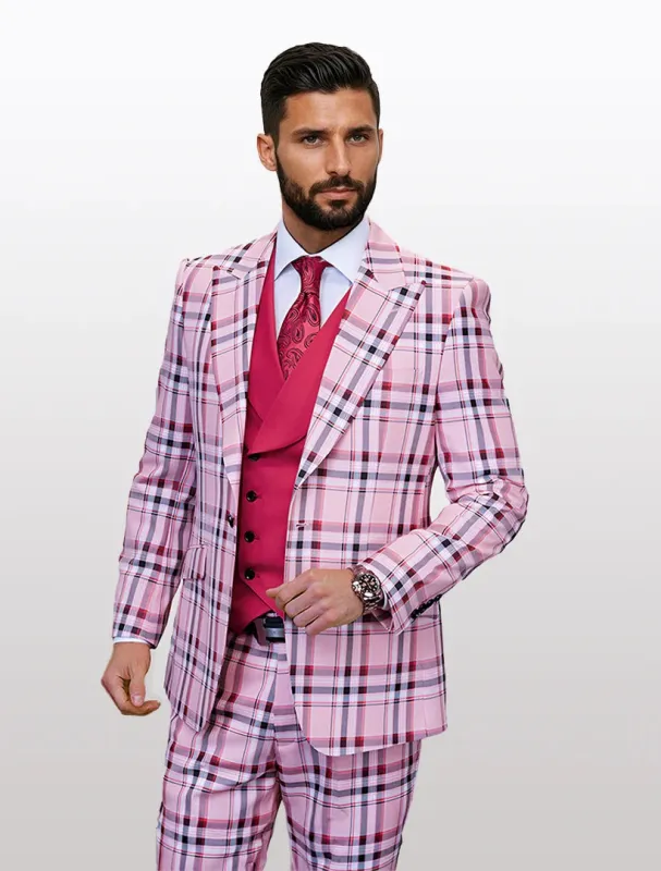 Statement Men's Hunter Pink Tartan Patterned Vested Suits made by Alberto Nardoni