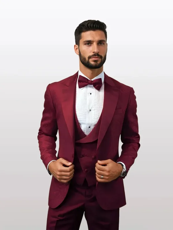 Statement Men's Burgundy Patterned Vested Tuxedos with Bowtie sold by Alberto Nardoni