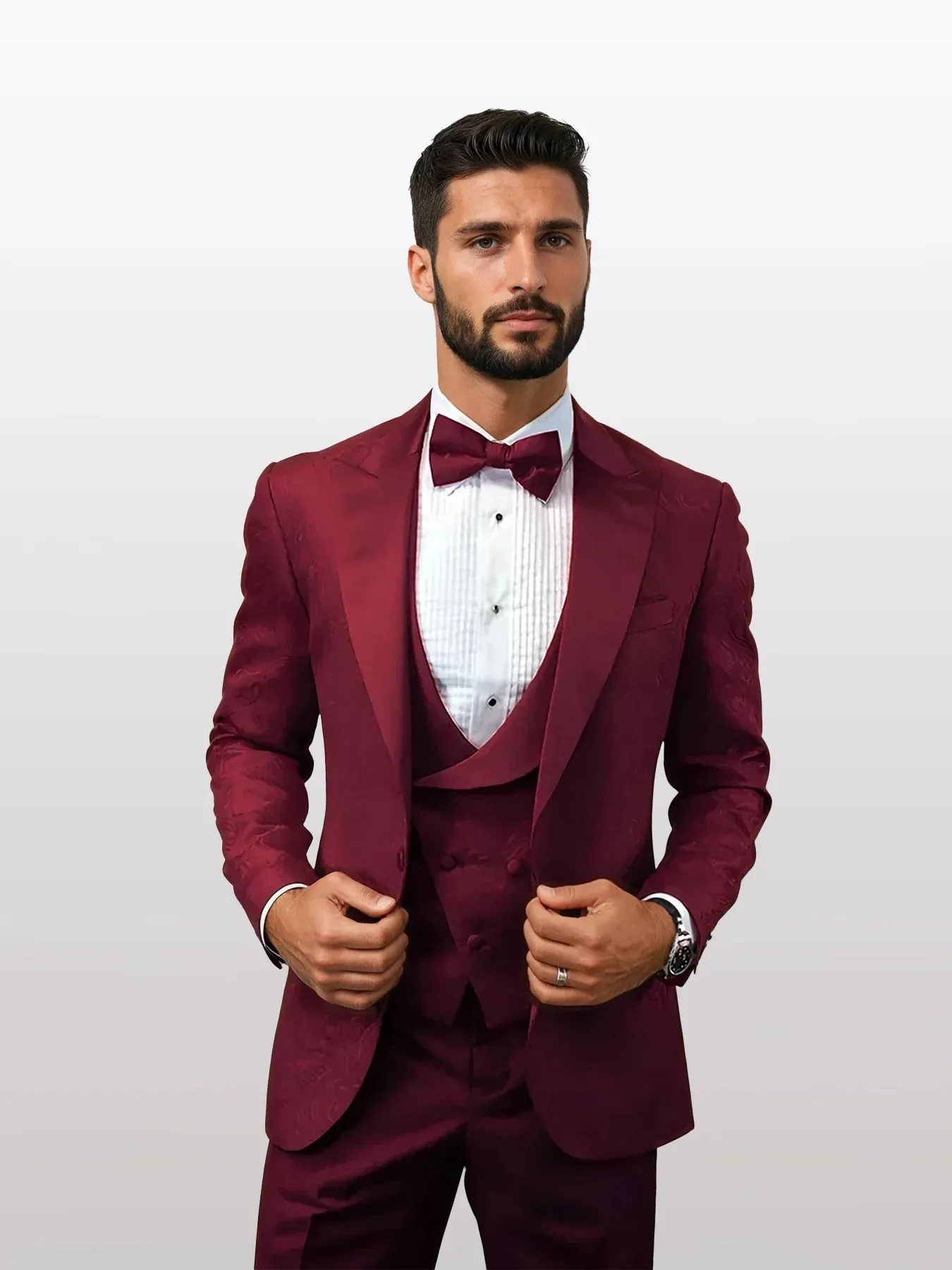Statement Men's Burgundy Patterned Vested Tuxedos with Bowtie sold by Alberto Nardoni