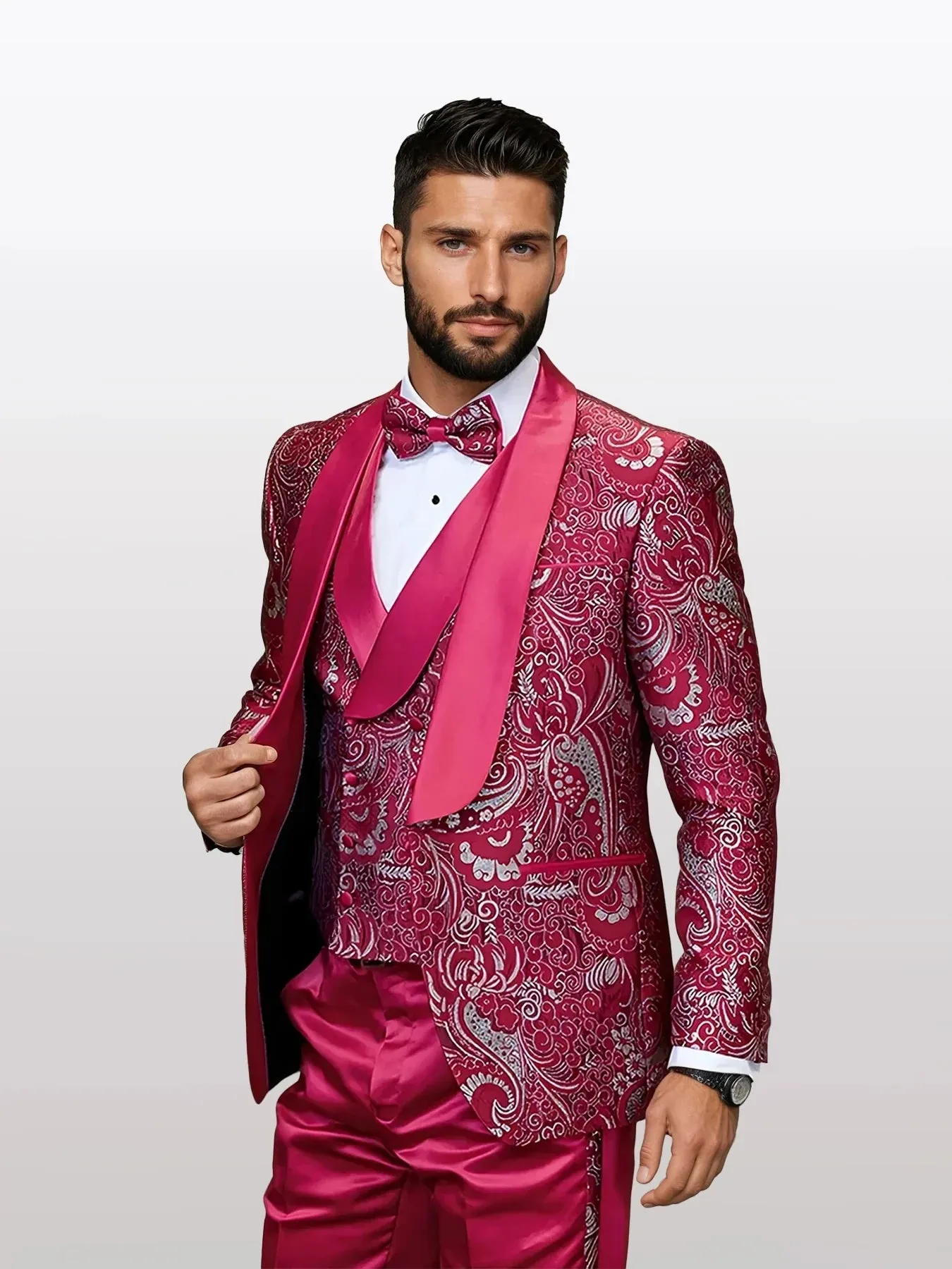 Statement Men's Red Patterned Vested Tuxedos with Bowtie sold by Alberto Nardoni