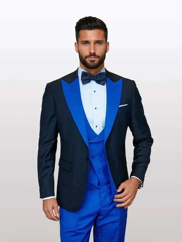 Statement Men's Black Vested with Royal Blue Peak Lapel 100% Wool Tuxedos sold by Alberto Nardoni