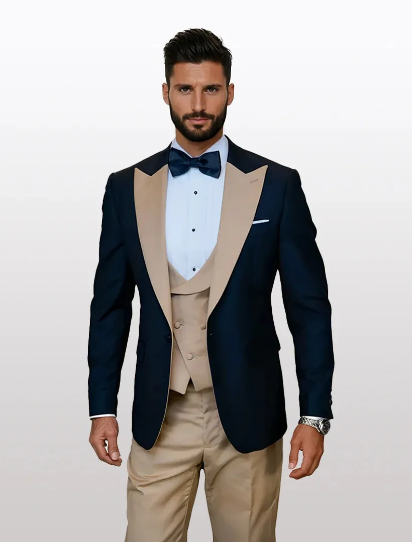 Statement Men's Black Vested with Champagne Peak Lapel 100% Wool Tuxedos sold by Alberto Nardoni