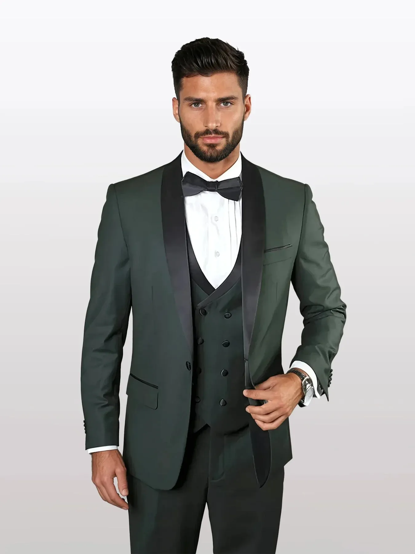 Men’s Hunter Green Vested Tuxedo Suit with Black Trim Shawl Lapel, Wedding Prom Formal Suit Set sold by Alberto Nardoni
