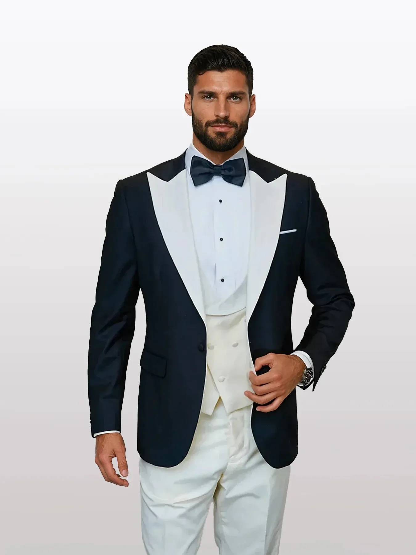 Statement Men's Black Vested with Ivory Peak Lapel 100% Wool Tuxedos sold by Alberto Nardoni