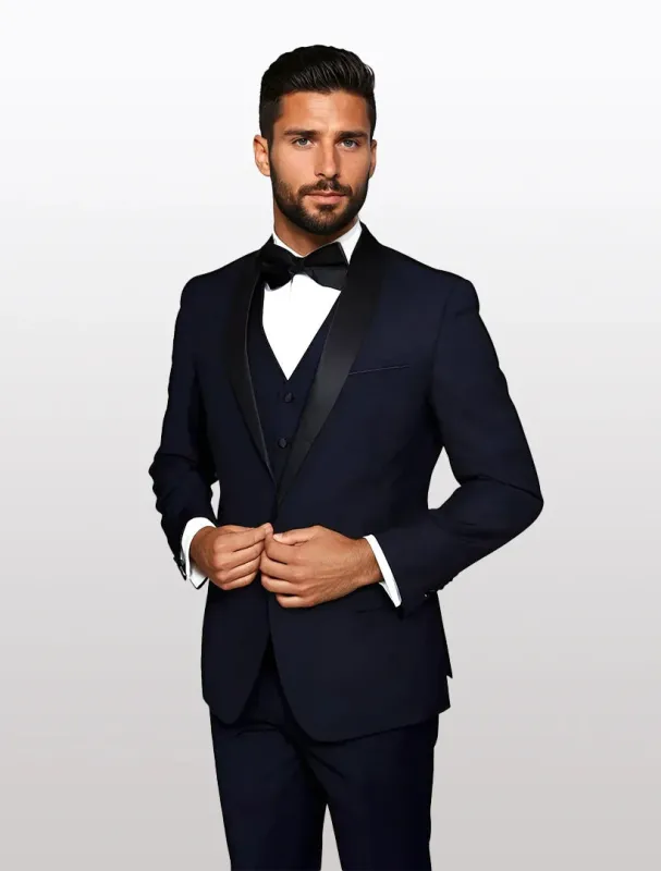 Statement Men's Navy with Black Lapel Vested 100% Wool Tuxedos sold by Alberto Nardoni