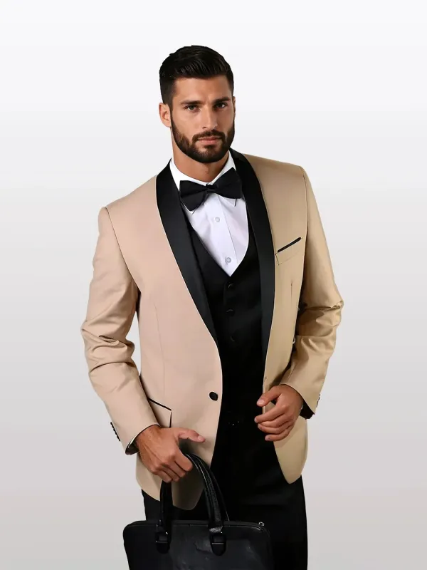 Statement Men's Champagne with Black Lapel Vested 100% Wool Tuxedos sold by Alberto Nardoni
